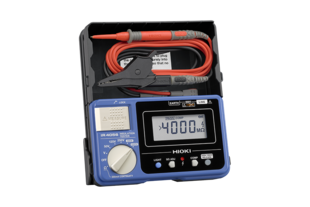 Hioki IR4056-20 Insulation Tester economy model, 5 Test Voltage ranges from 50 to 1000 V, comparator function, 600 V AC/DC meter, 200 mA continuity check, hard carrying case, test leads