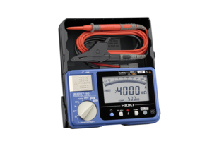 Hioki IR4057-50 Insulation Tester high-speed model, 5 test Voltage ranges from 50 to 1000 V, high-speed & bar-graph display, comparator function, 600 V AC/DC meter, 200 mA continuity check, hard carrying case, test leads